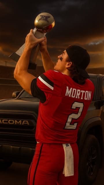 Texas Tech athlete Morton, number 2, holding a trophy beside a detailed Toyota Tacoma