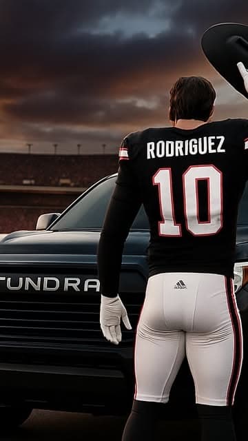 Texas Tech athlete Rodriguez, number 10, beside a detailed Toyota Tundra